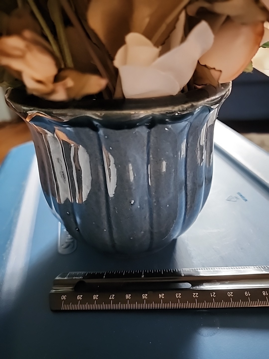 Silk Roses Flowers in Blue Ceramic Planter 9″