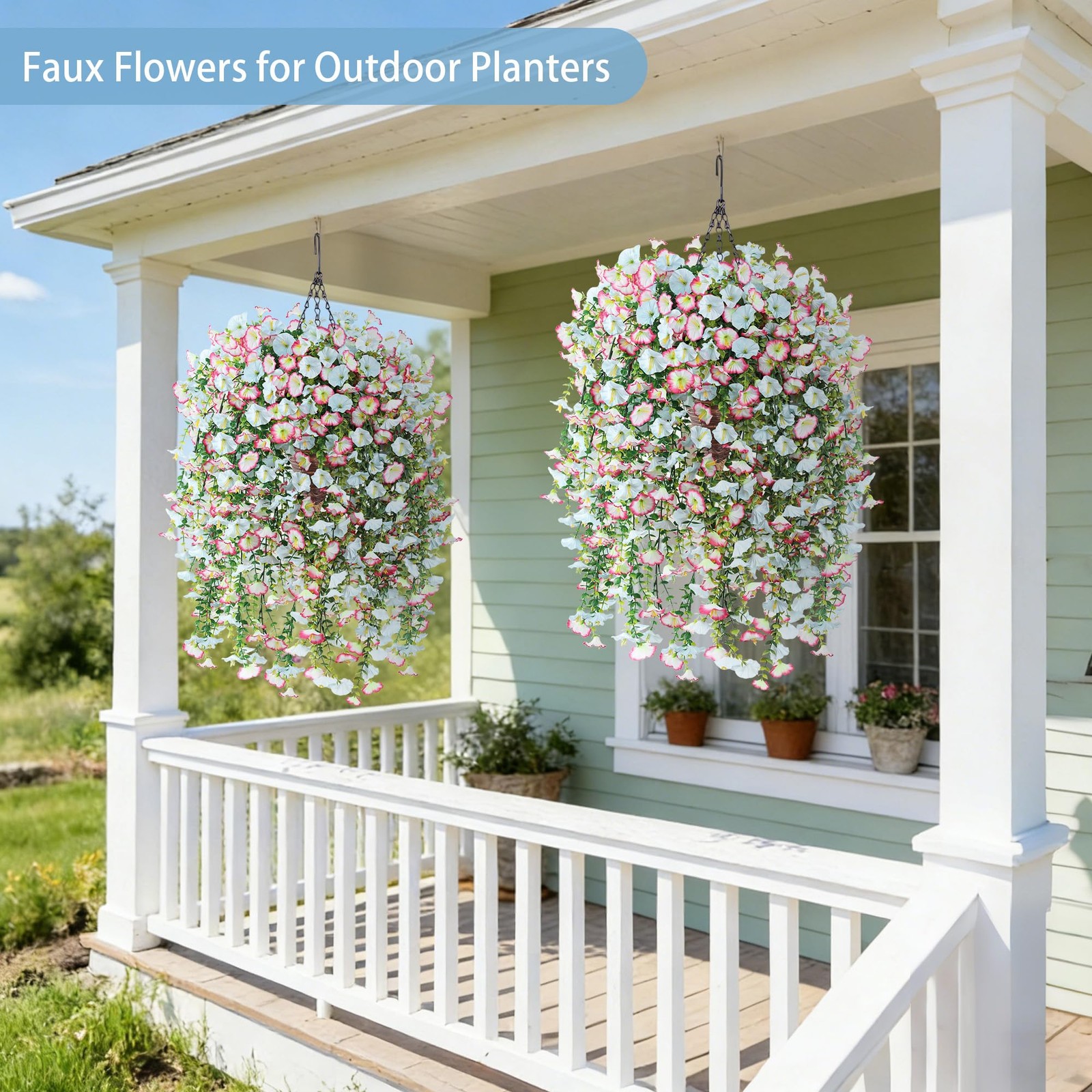 Artificial Hanging Flowers with Basket, 480 Blooms UV Resistant Faux Morning …