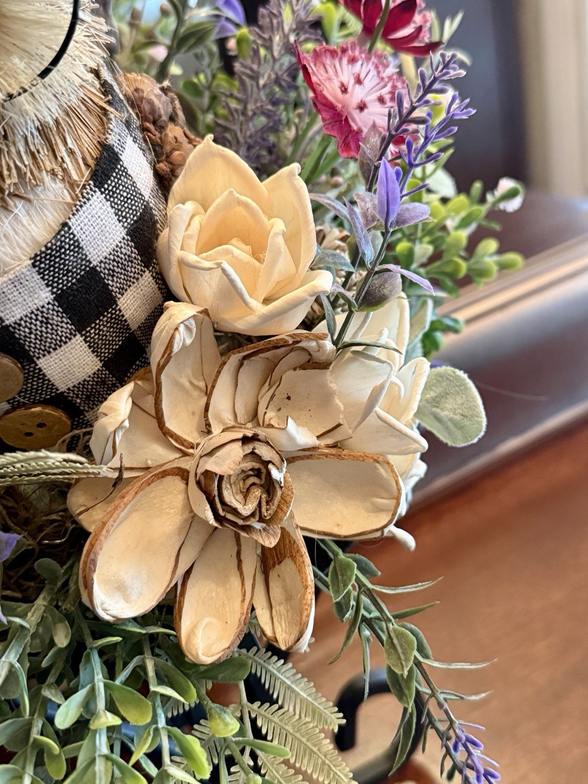 Handmade Whimsical Straw Owl Floral Arrangement Centerpiece Rustic Scroll Stand