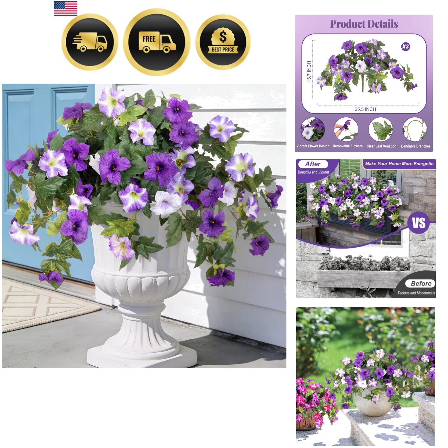 Artificial Fake Flowers Plants for Outdoor Decoration, 2PCS Faux Petunias Sil…