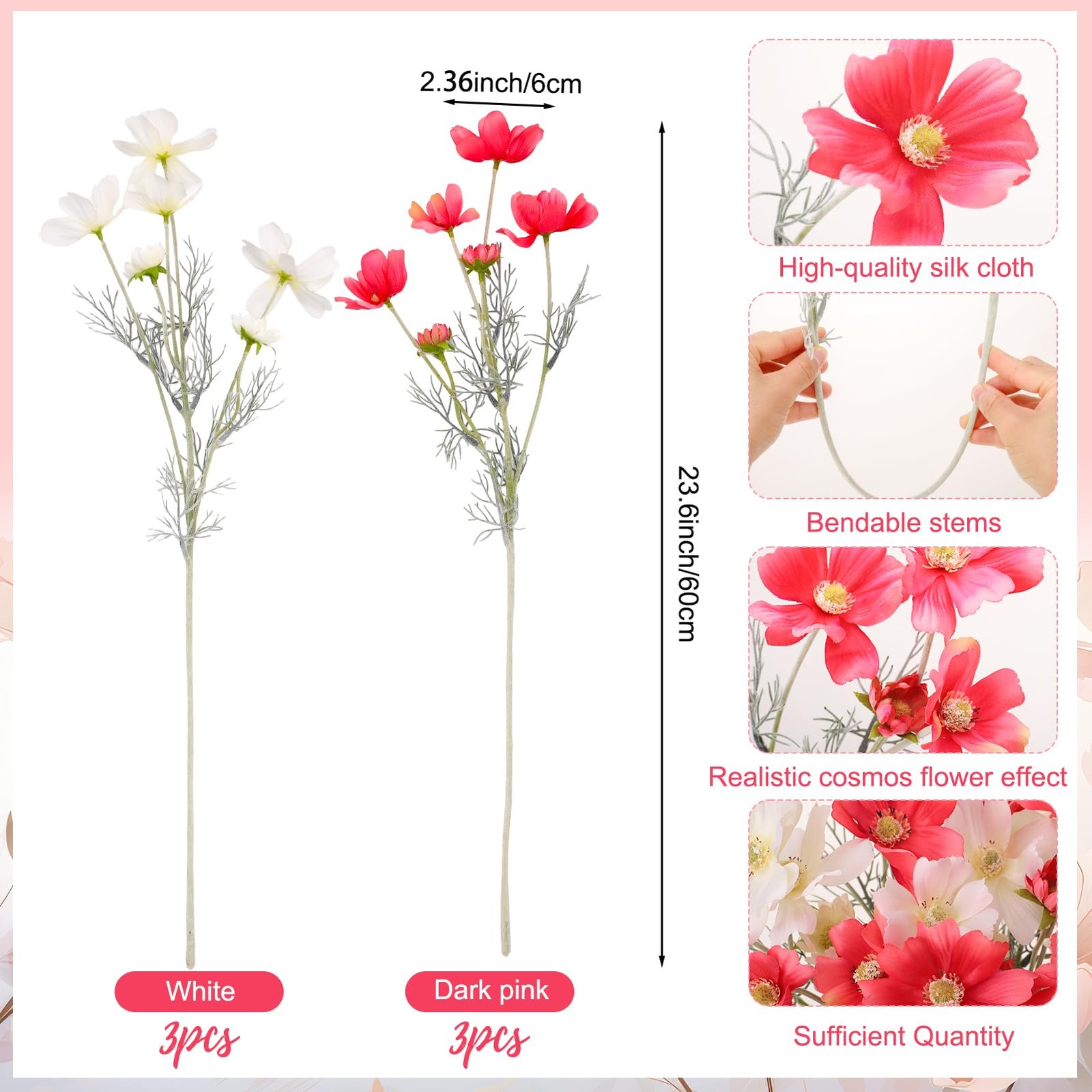 6 Pcs 23.6 Inch Deep Pink White Artificial Flowers Cosmos for Vase,Pink Fake …