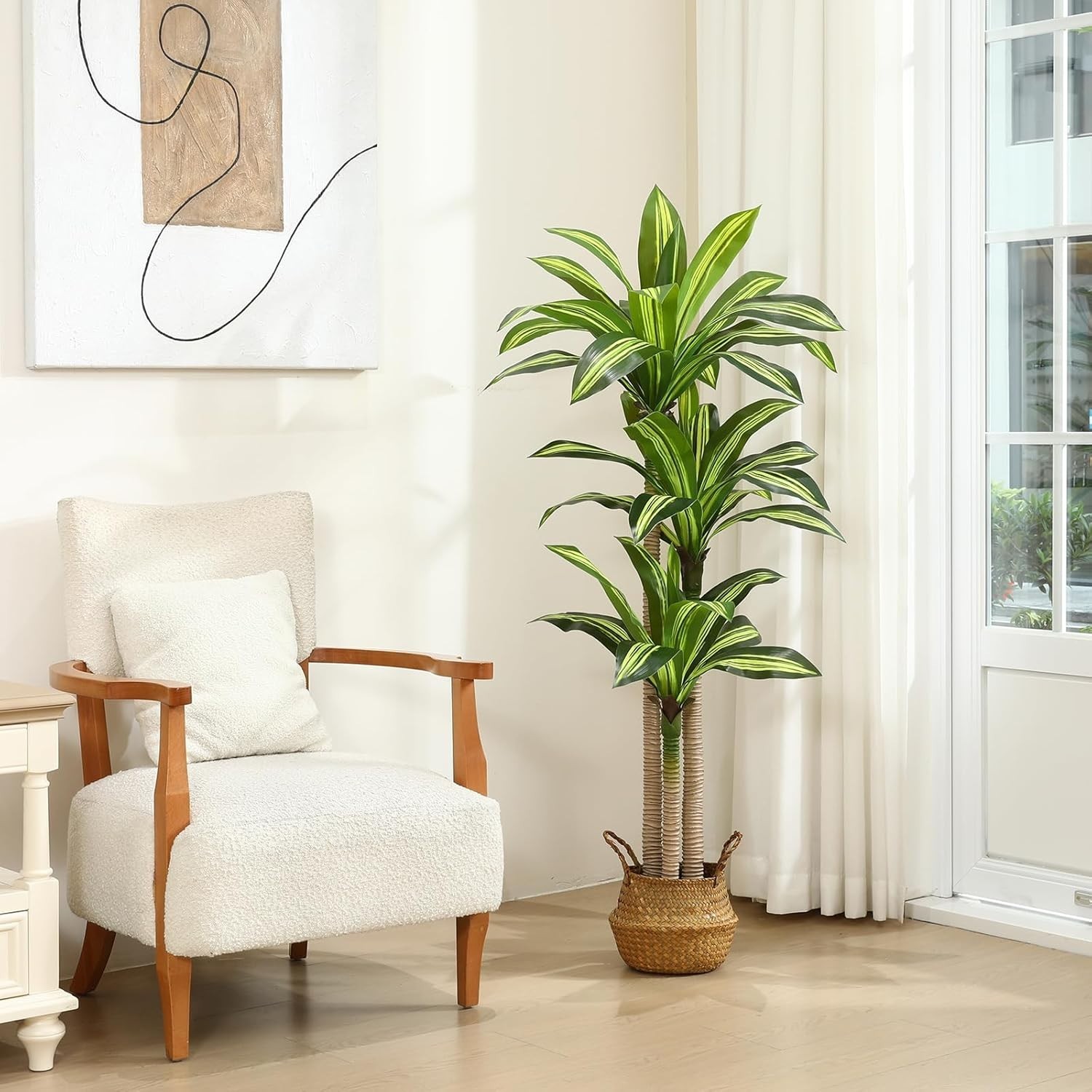 Elegant 5ft Faux Dracaena Tree in Woven Seagrass Basket – Indoor/Outdoor Decor