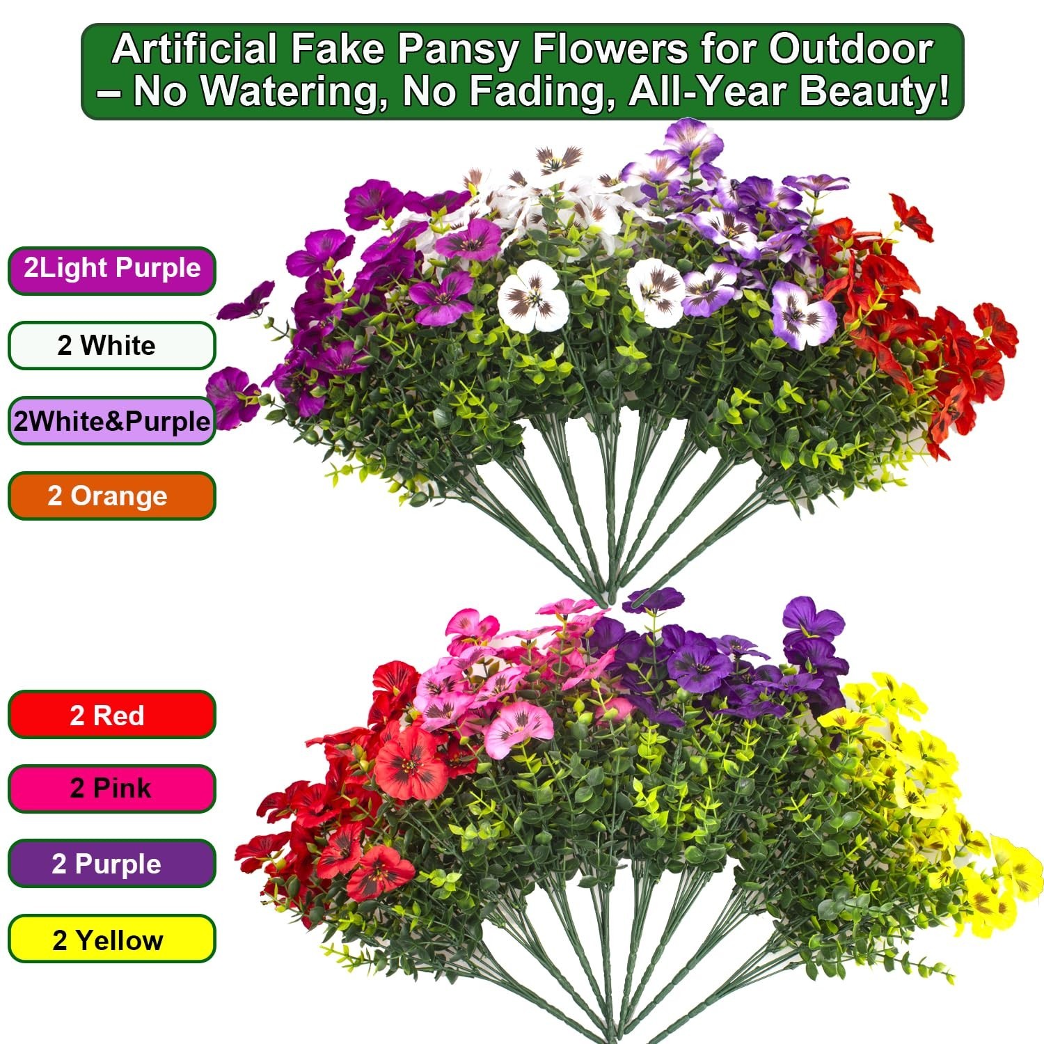 16 Bundles UV Resistant Artificial Pansy Flowers – 8 Colors Faux Silk for Home D