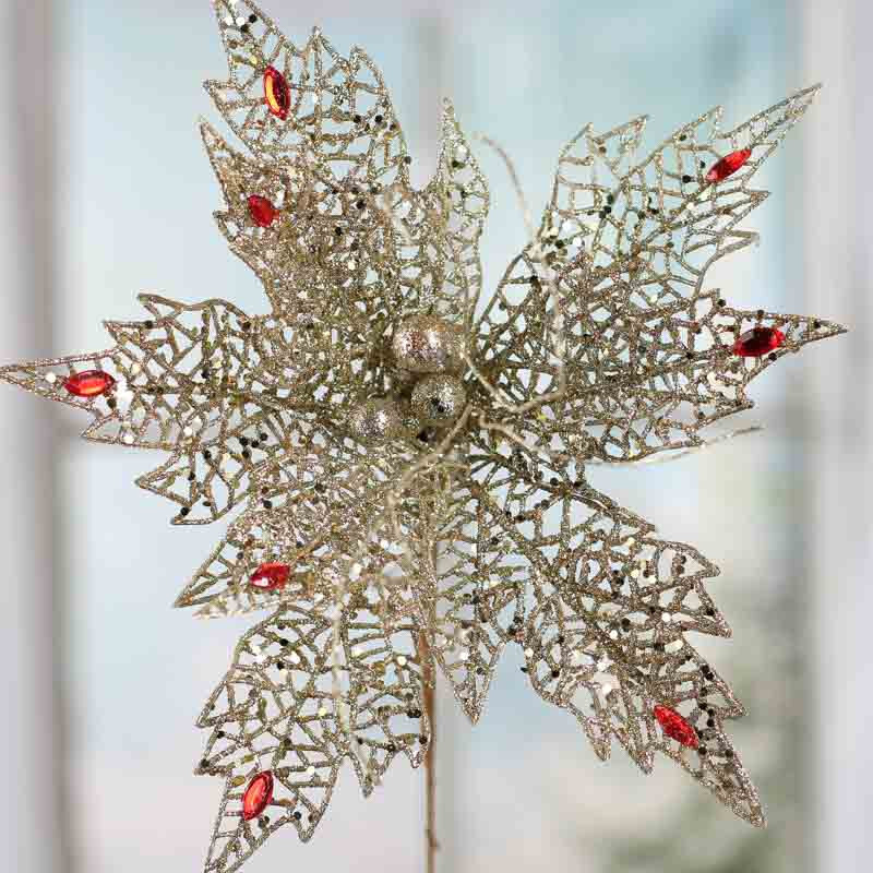 Factory Direct Craft Trio of Elegant Sparkling Platinum Mesh Poinsettia Pic