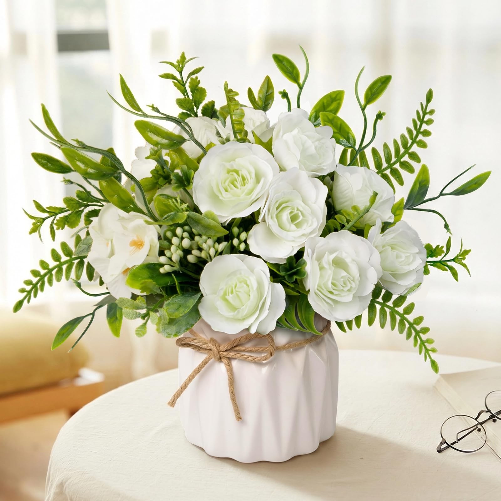 White Artificial Silk Roses with Ceramic Vase, No Maintenance Faux Flower Arr…