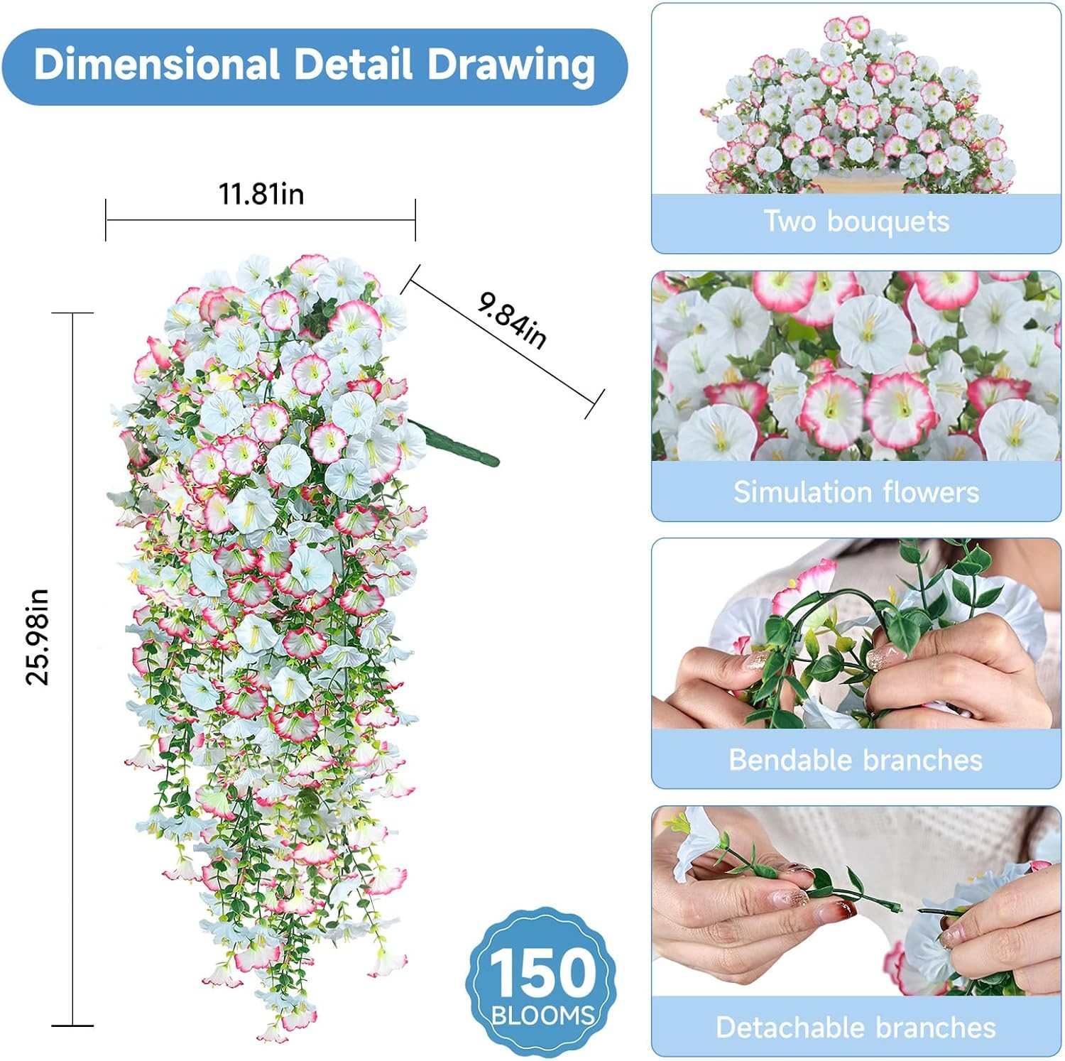 Artificial Hanging Flowers for Outdoors, 2 PCS 300 Blooms UV Resistant Morning