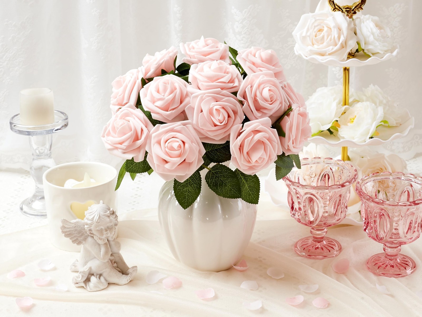 Peach Pink Artificial Flowers Foam Fake Roses with Stems Pink Flowers for DIY…