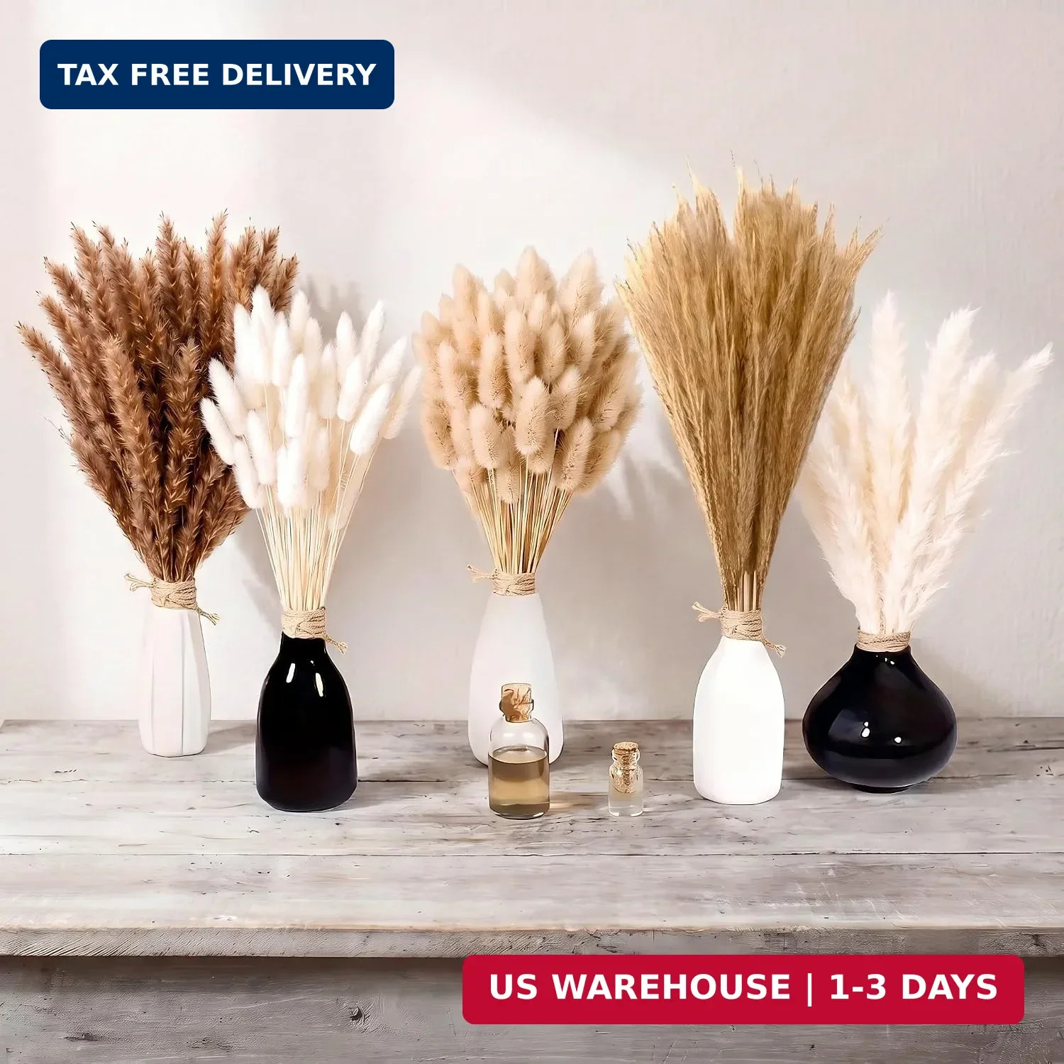 120 Stems Dried Pampas Grass Decor, White and Brown 17inch Contains Bunny Tails