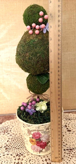 VINTAGE TIN POT TRIPLE MOSS-BALL TOPIARY TREE COTTAGECORE SHABBY CHIC DECOR