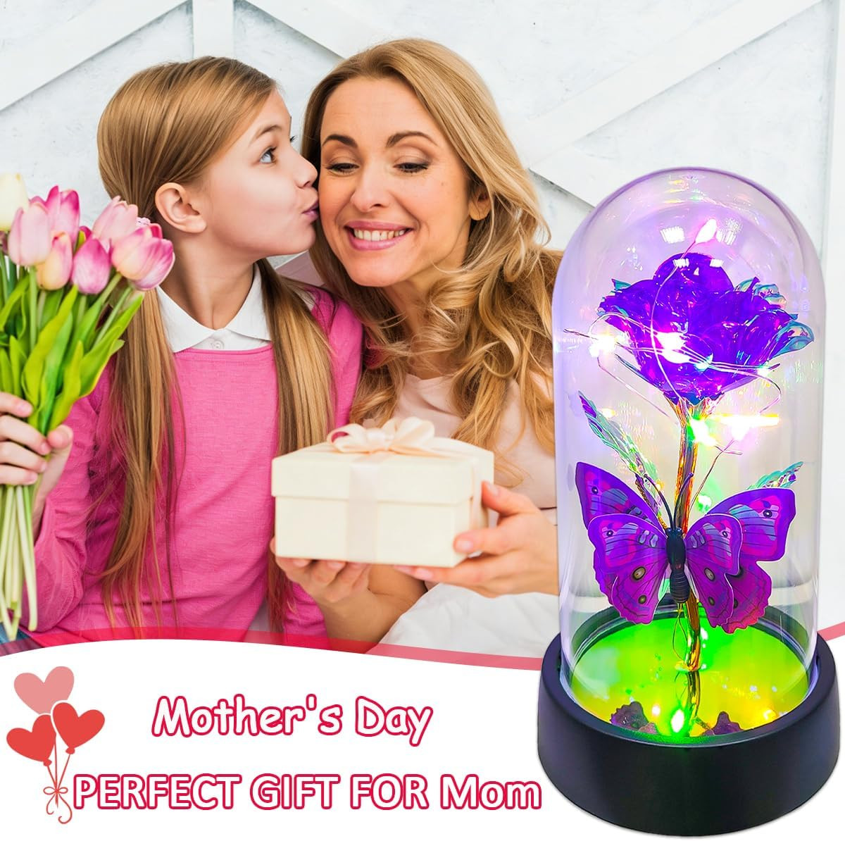 JUNQIU Mothers Day Rose Gifts for Mom, Glass Rose in Glass Dome, Light up Flower