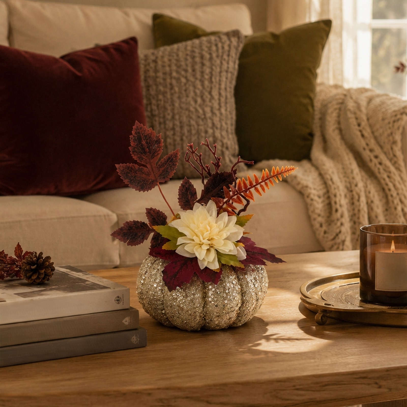 Table Centerpiece: Glitter Pumpkin with Silk Dahlias and Printed Leaves