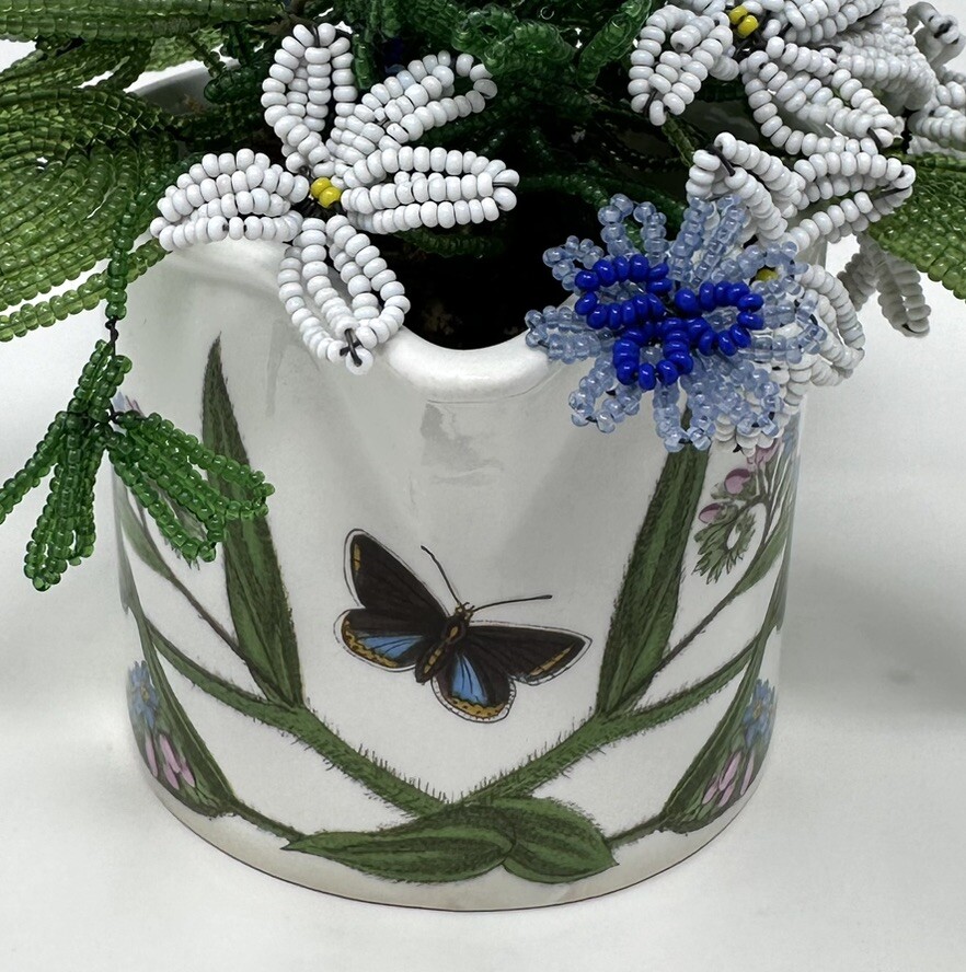 Beaded Glass Flower Bouquet Forget Me Not & Portmeirion Botanic Garden Pot