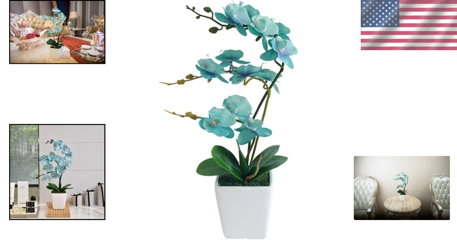 Realistic 15″ Fake Orchid Plant in Ceramic Pot – Golden Blue=