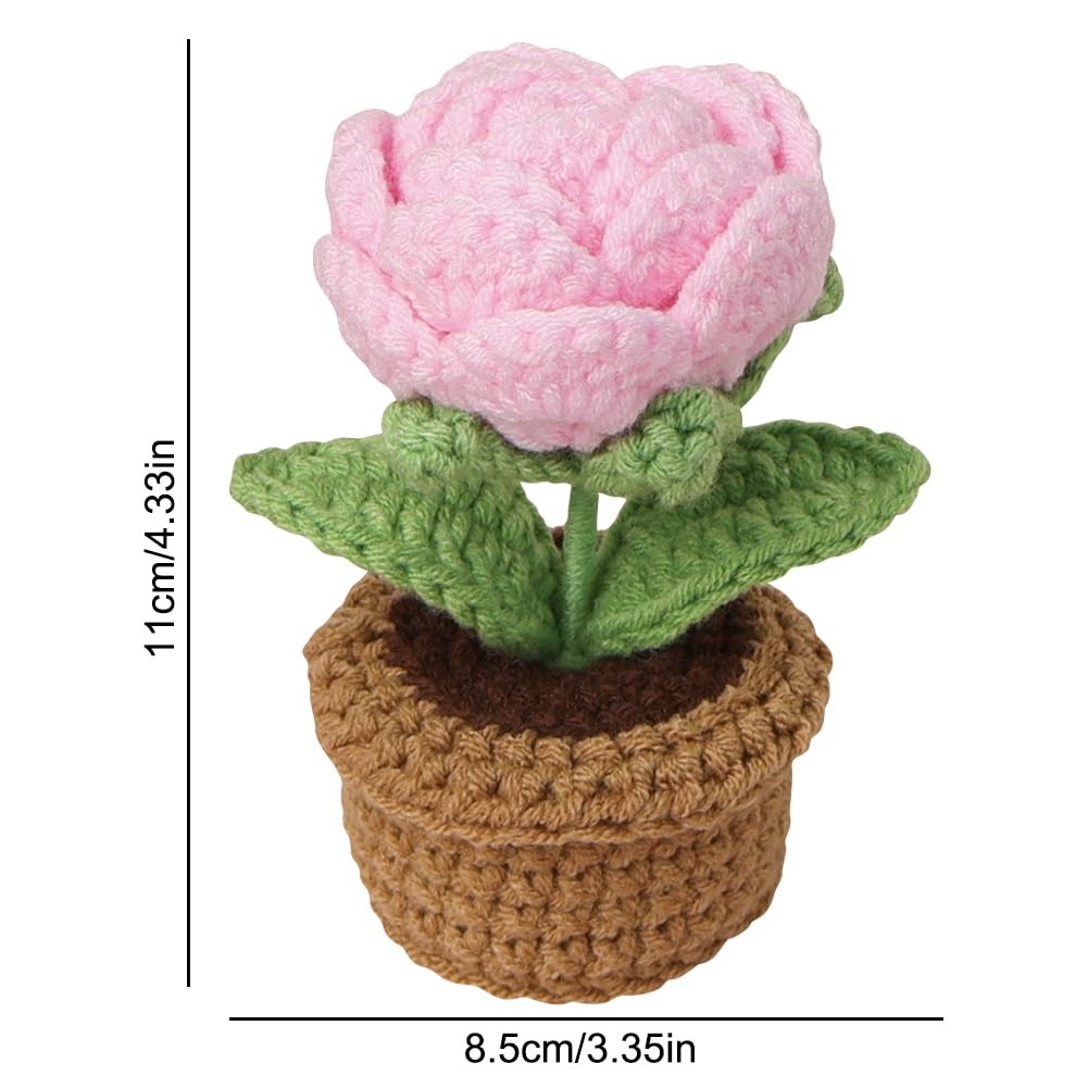 2 Pieces Handmade Crochet Flowers Small Potted Artificial Woolen Yarn Rose Fl…