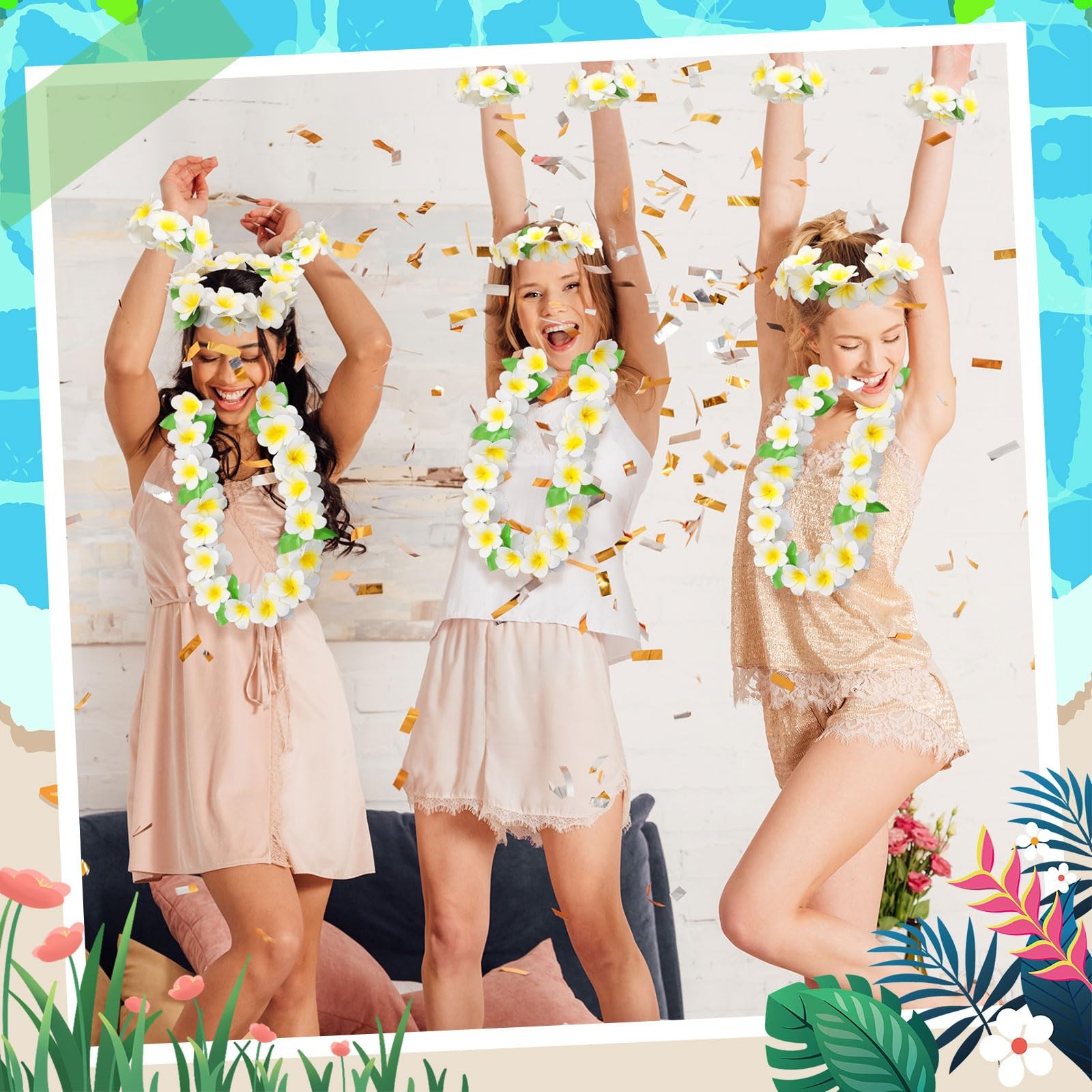 4 Pcs Hawaiian Graduation Lei Set, 3D Foam Plumeria Garland Necklace Bracelet…