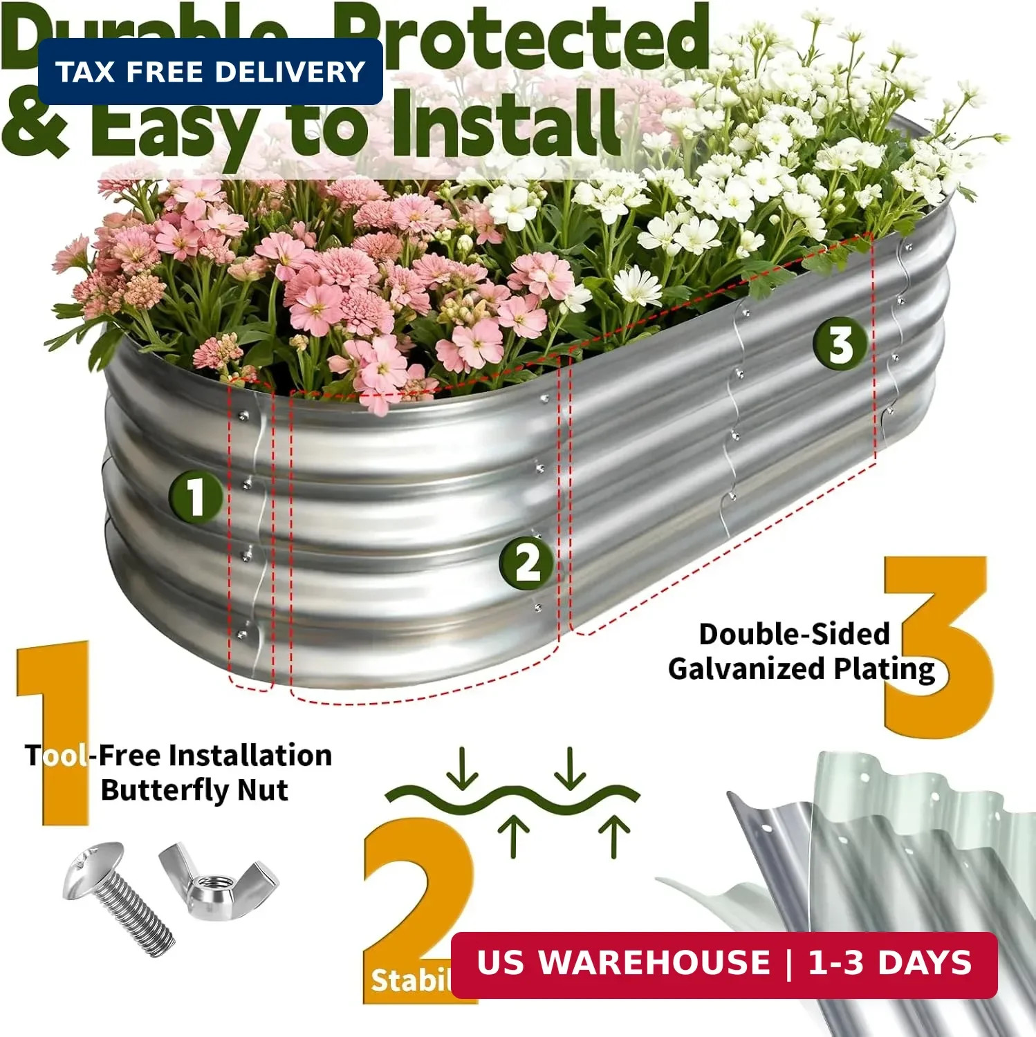 Galvanized Raised Garden Bed Outdoor, Large Raised Bed for Gardening, 4x2x1ft Me