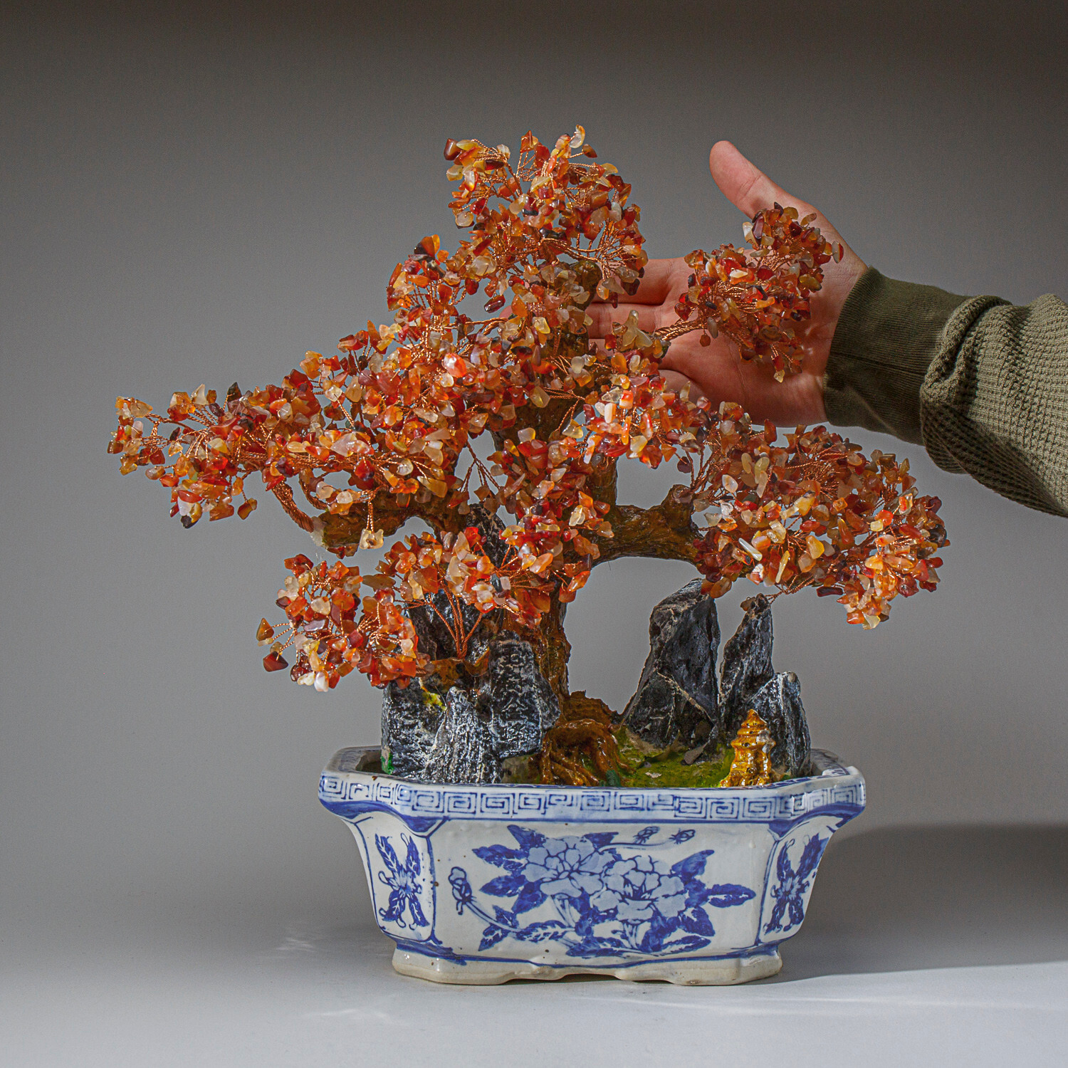 Genuine Carnelian Bonsai Tree in Square Ceramic Pot (15”)