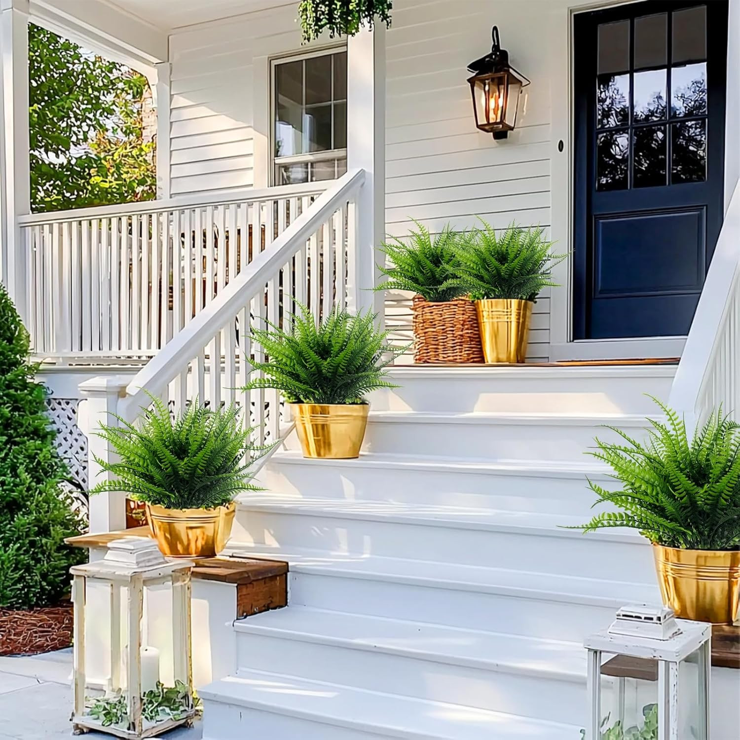 12 Bundles Fake Boston Fern Artificial Plants Outdoor Spring Decor, UV Resistant