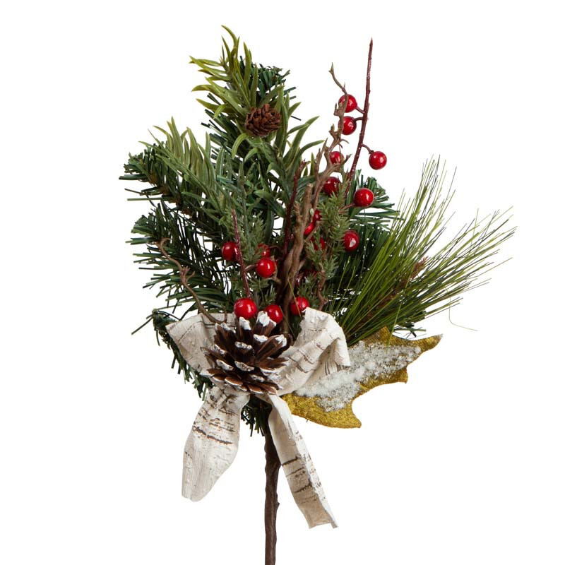 Lot of 2 Artificial Pine, Pinecone and Berry 14″ Sprays, Complete with Bows