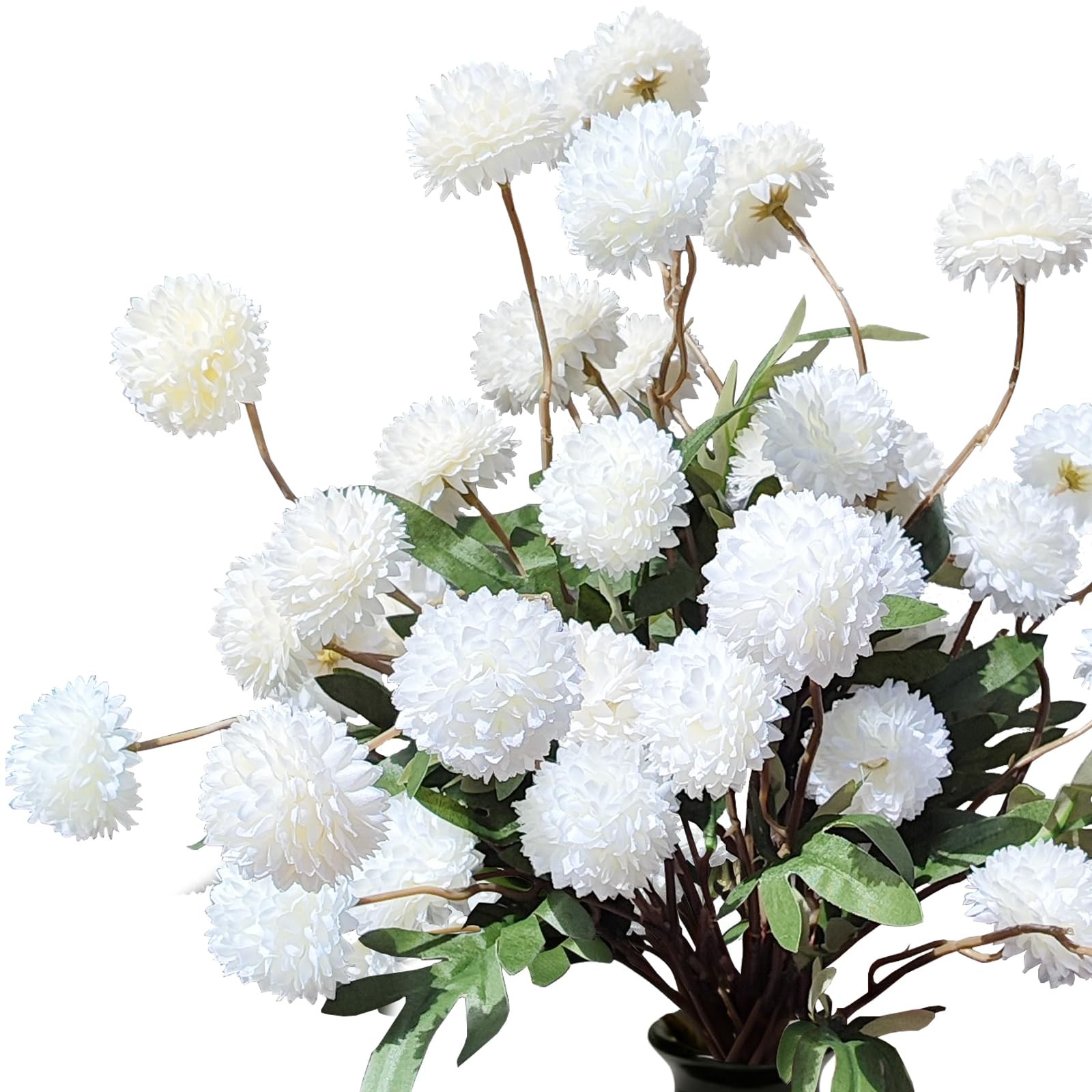 8 Pcs Artificial Flowers White Beige Faux Silk Pompon Mums, 20″ Long Stem Fak…