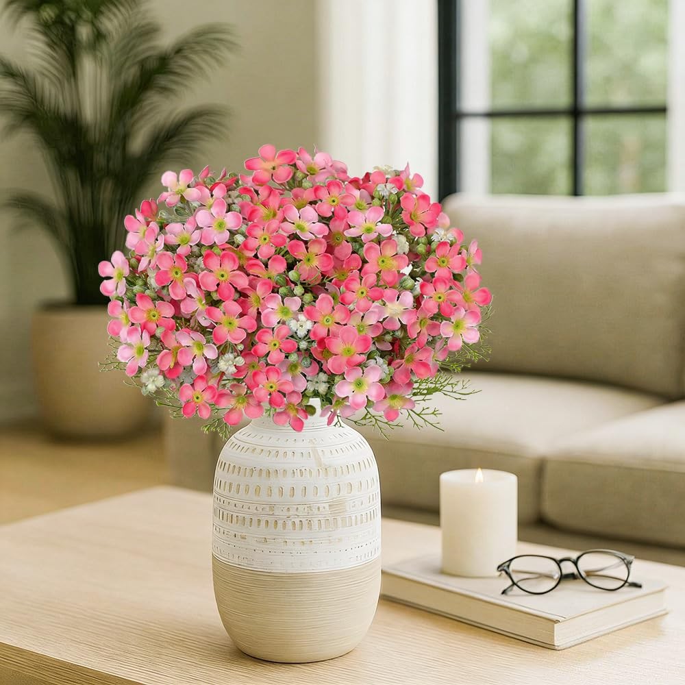 Artificial Spring Flowers UV Resistant – 5 Pcs Pink Fake Wildflowers 12.2″ Fa…