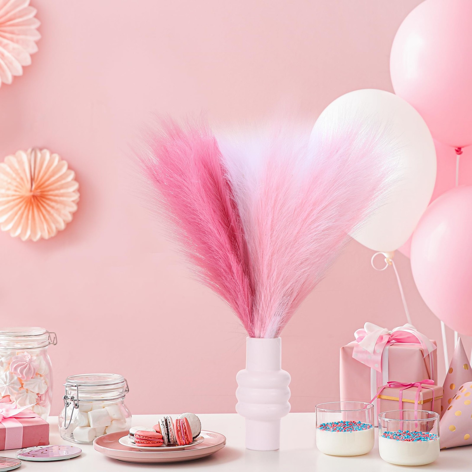 Pink Pampas Grass Decor 17.7 Inch 6pcs for Short Vase, Home Wedding Party