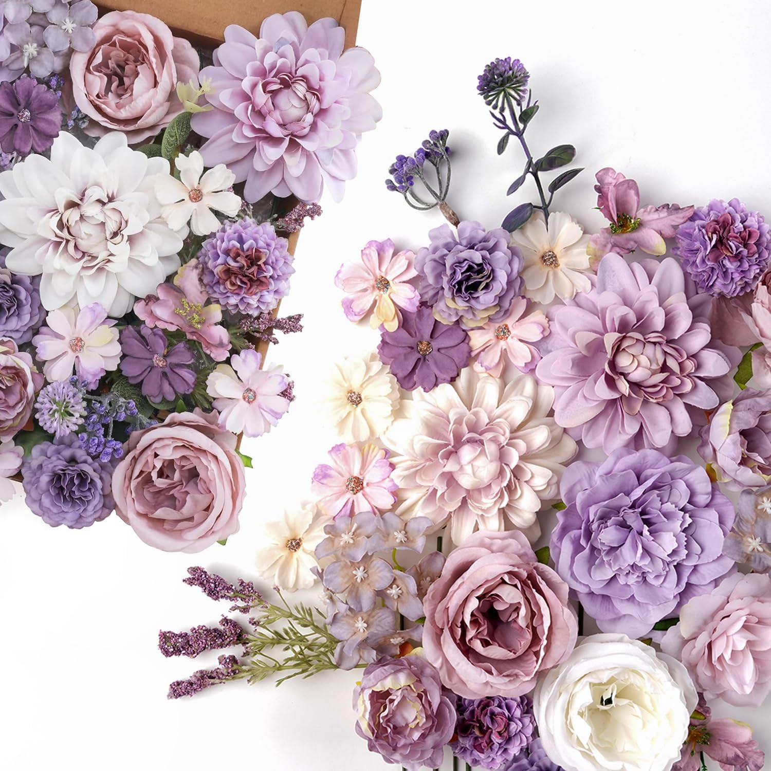 Artificial Flowers Combo Set Purple Silk Roses Peonies Dahlias with Stems