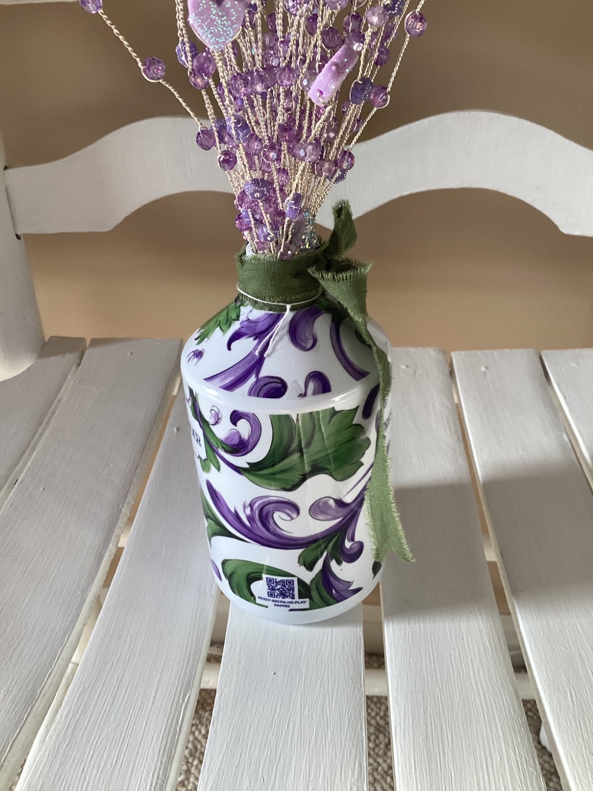 HANDMADE PURPLE HEART BEADS SILVER WIRE WRAP ARRANGEMENT BOUQUET W VASE GREEN
