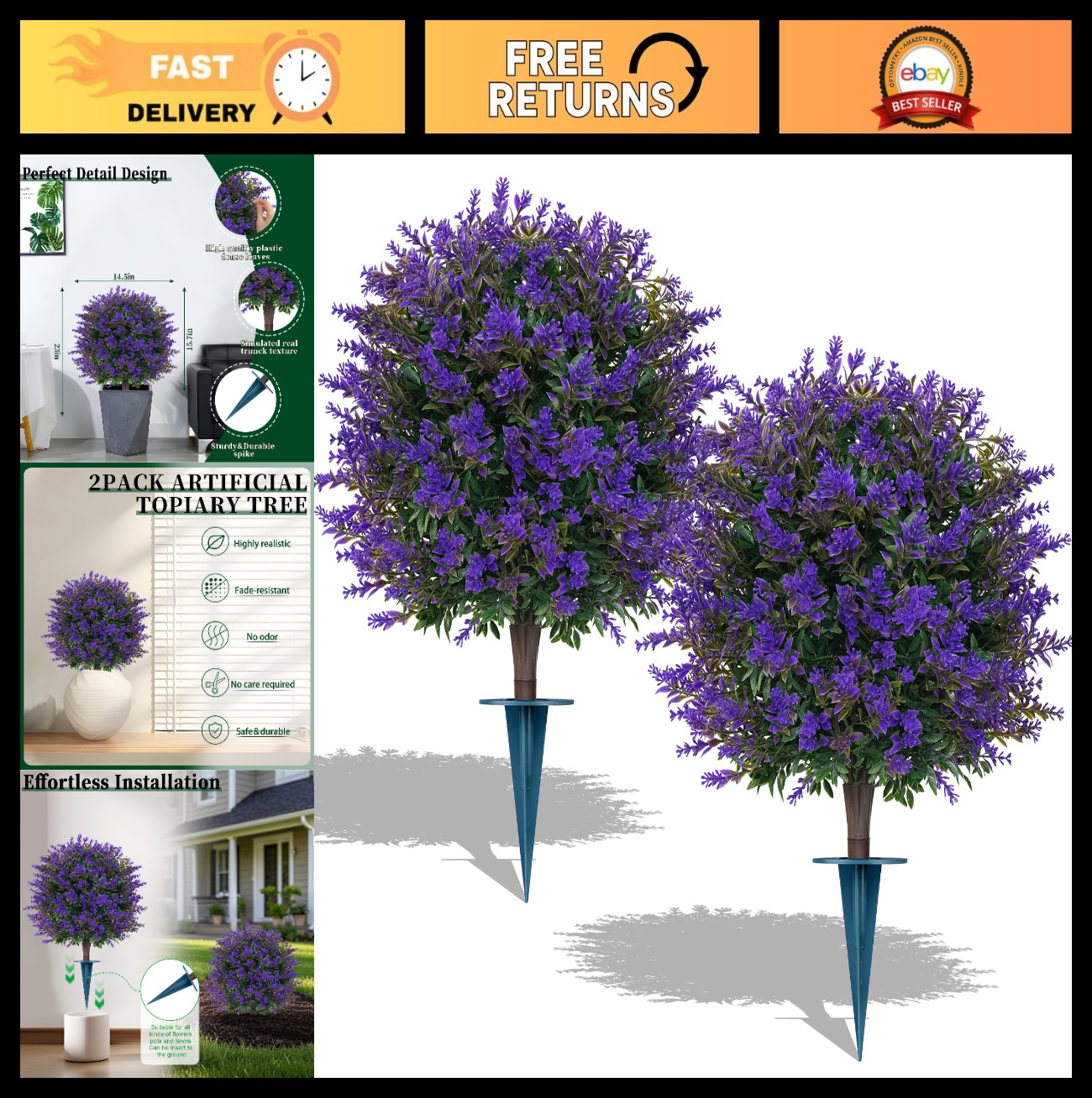 Set of 2 UV Resistant Artificial Lavender Topiary Balls – Faux Boxwood Shrubs fo