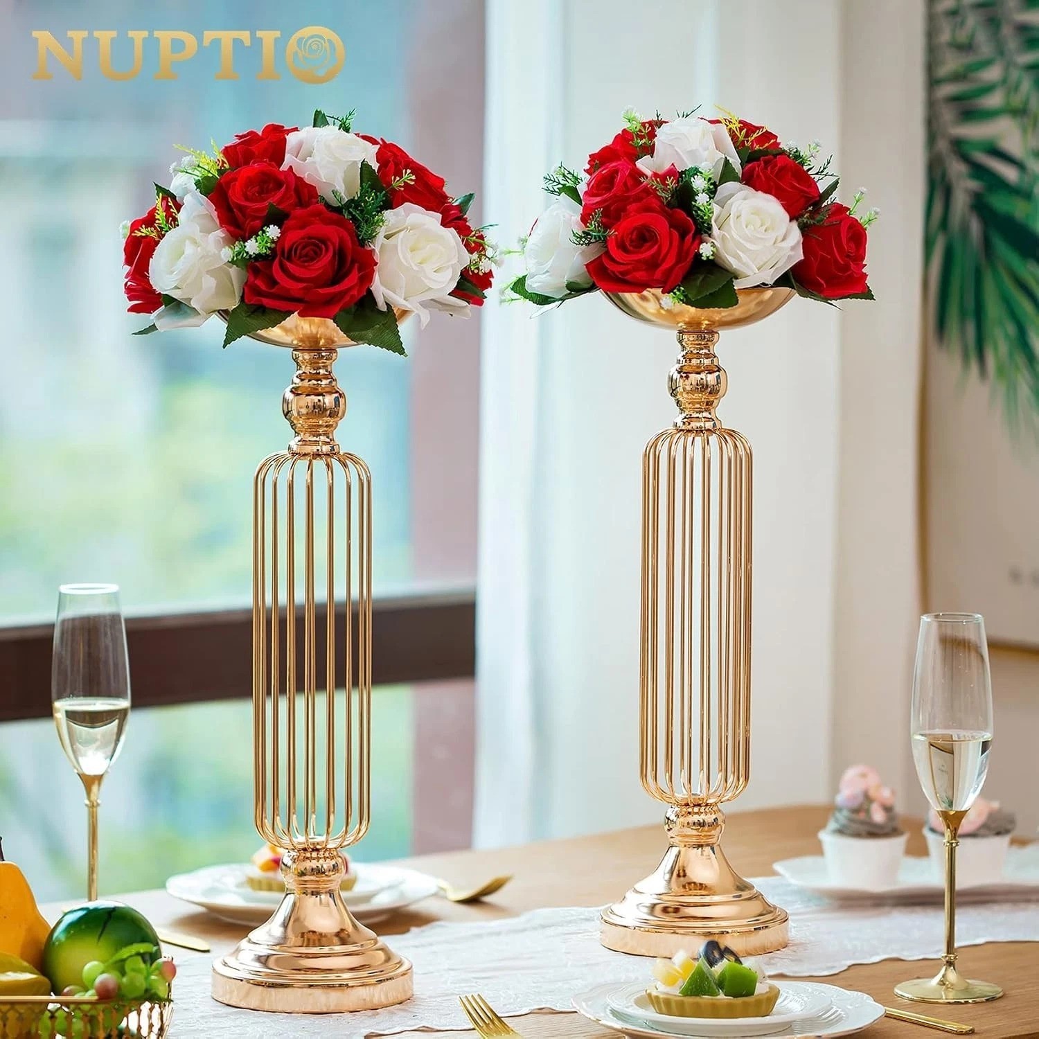 6 Pcs Artificial Rose Flower Ball Arrangement Bouquets Red White Wedding Decor