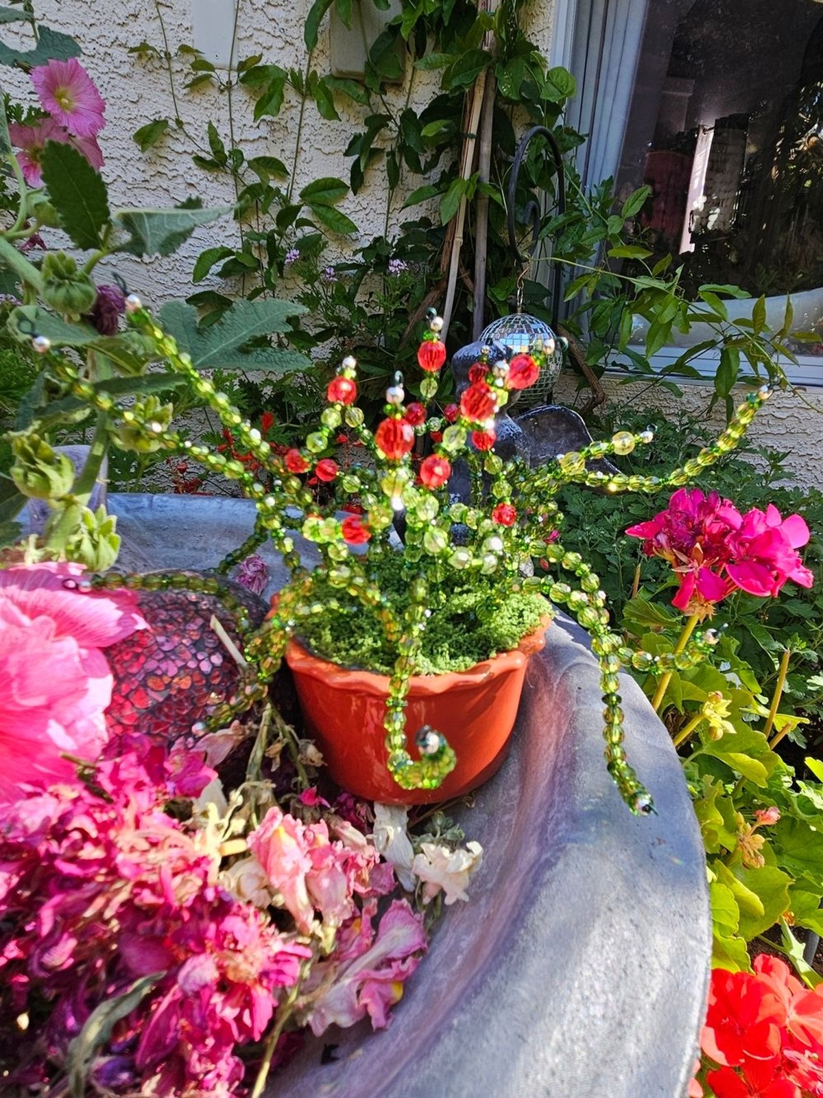 Beaded Green and Red Decorative Plant Accent