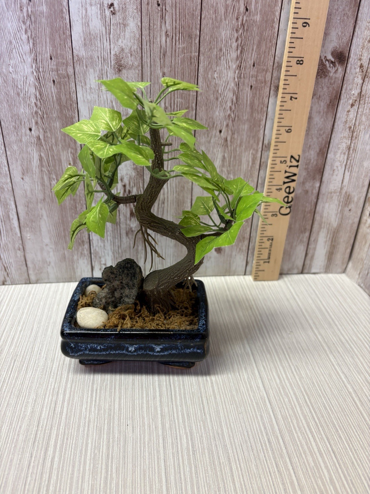 Artificial Bonsai Tree 8” Faux Plant In Vintage Blue 4×3 Pot FREE SHIPPING
