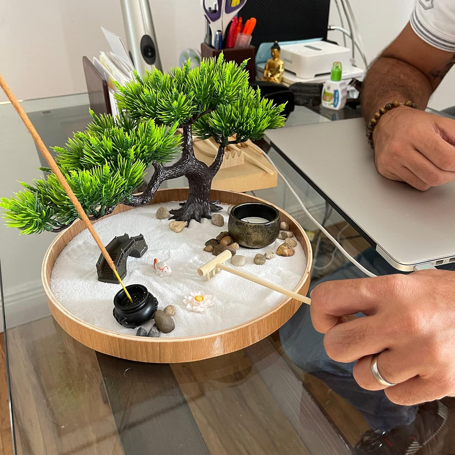 Japanese Zen Garden for Desk – Zen Garden Sand Kit, Artificial Bonsai