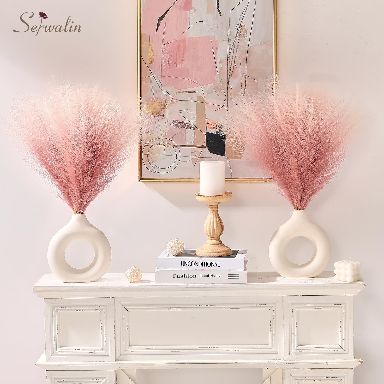 6 PCS Gradient Pink Pampas Grass Decor 17.7 Inch Artificial Fluffy Decor