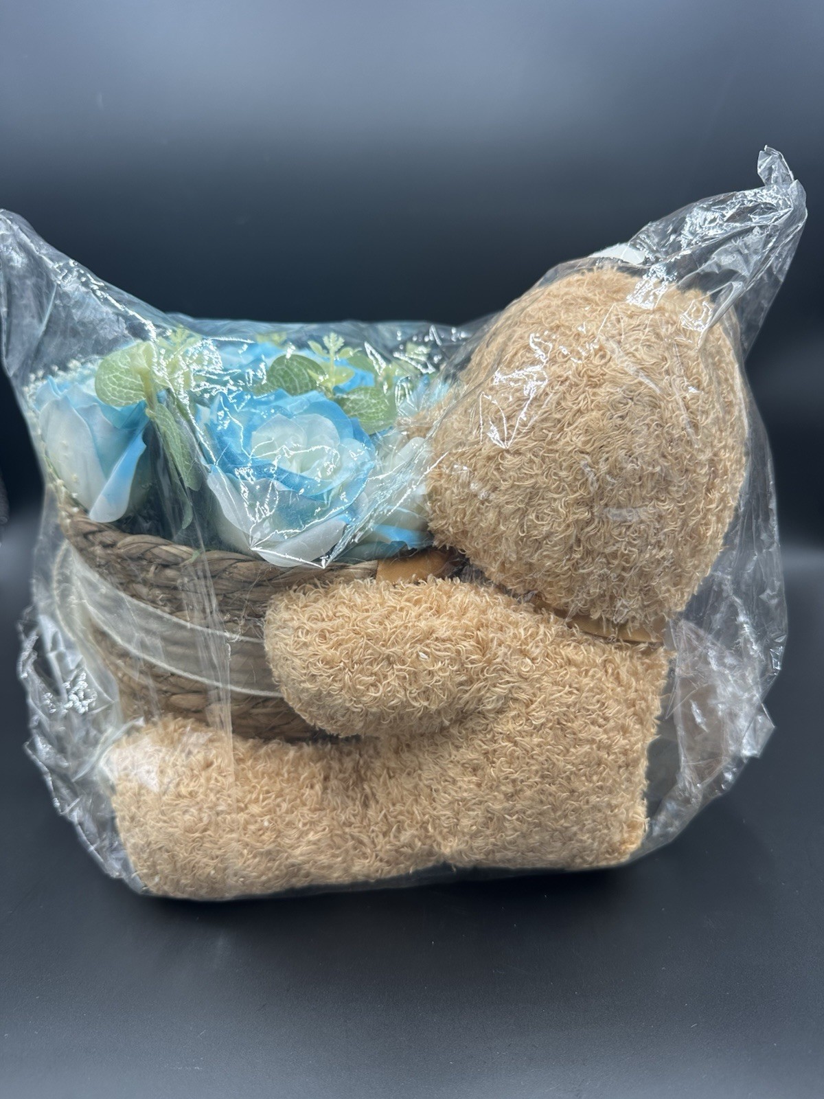 Teddy Bear with Blue Rose Flower Basket Gift Wrapped – Valentine Birthday Decor