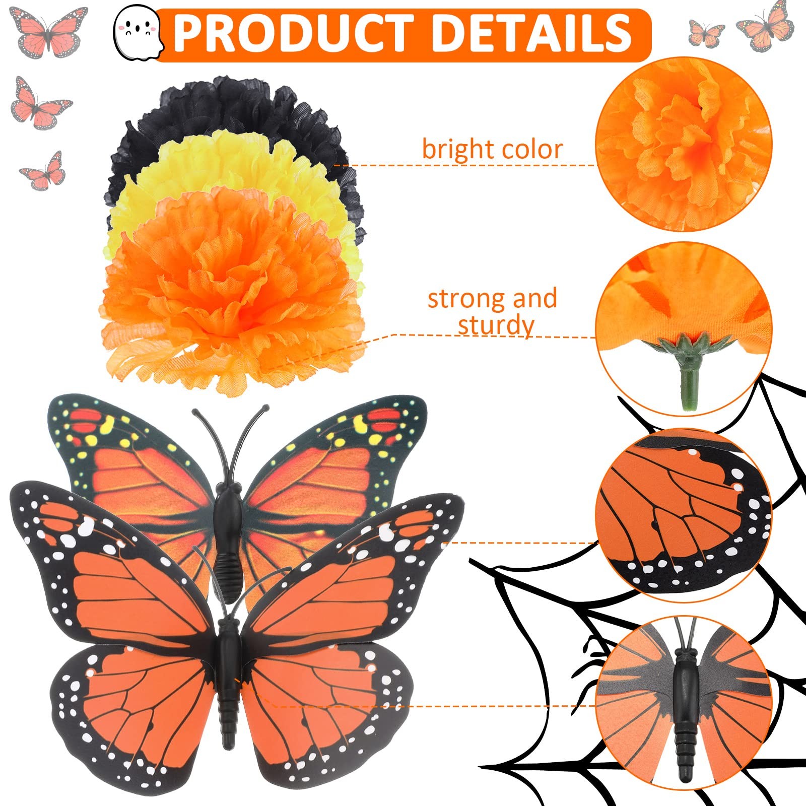 80 Pcs Artificial Marigold Flowers Monarch Butterfly Decorations Kit Dia De L…