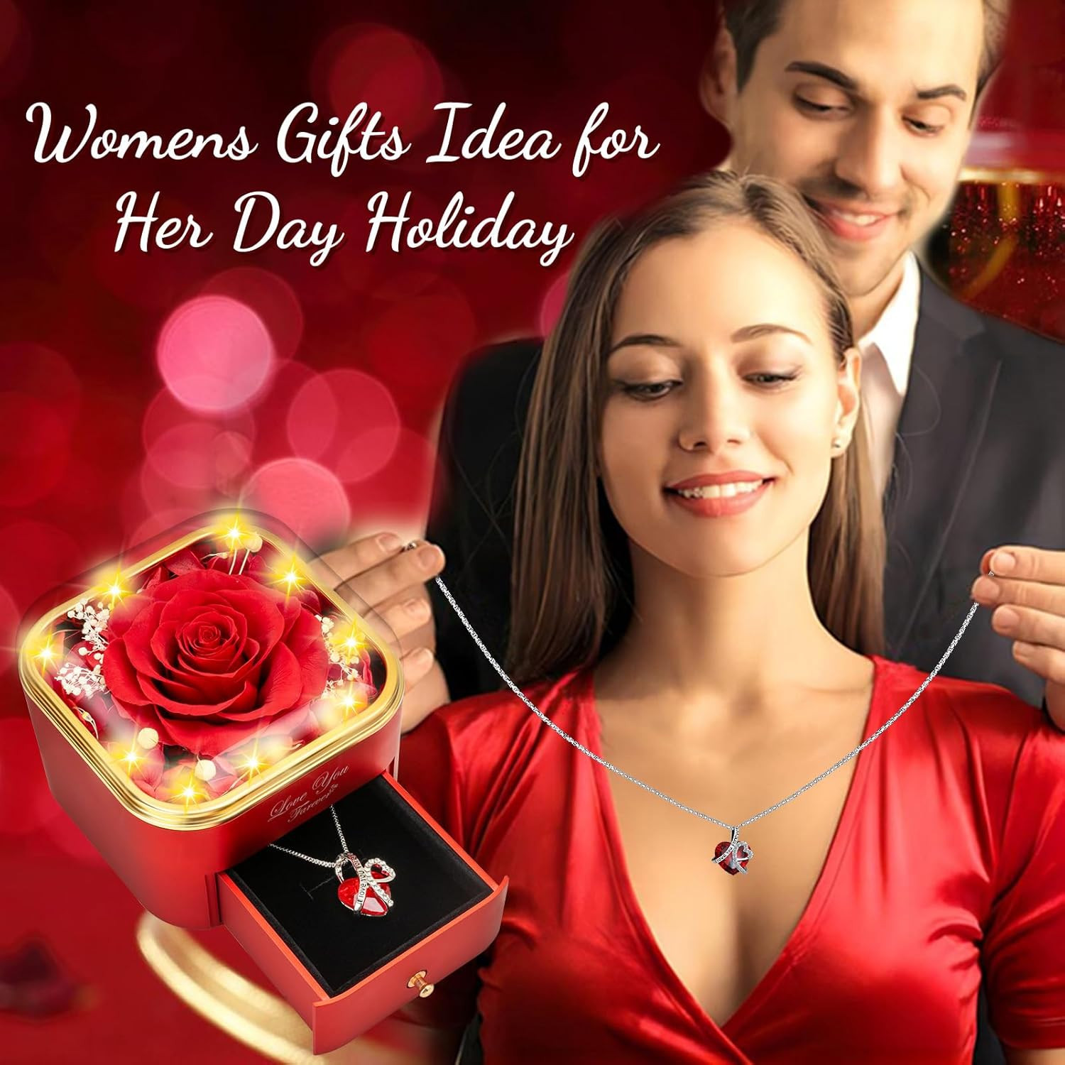 Preserved Red Real Rose with Heart Necklace -Eternal Flowers Rose Birthday Gifts