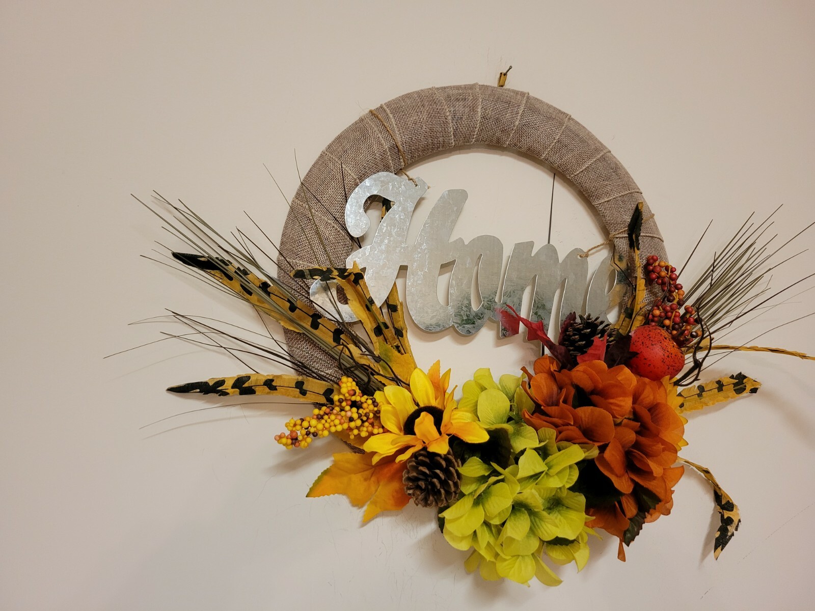 HOME Sunflower Hydrangeas Feather Mini Pomegranate burlap WREATH FALL Front Door