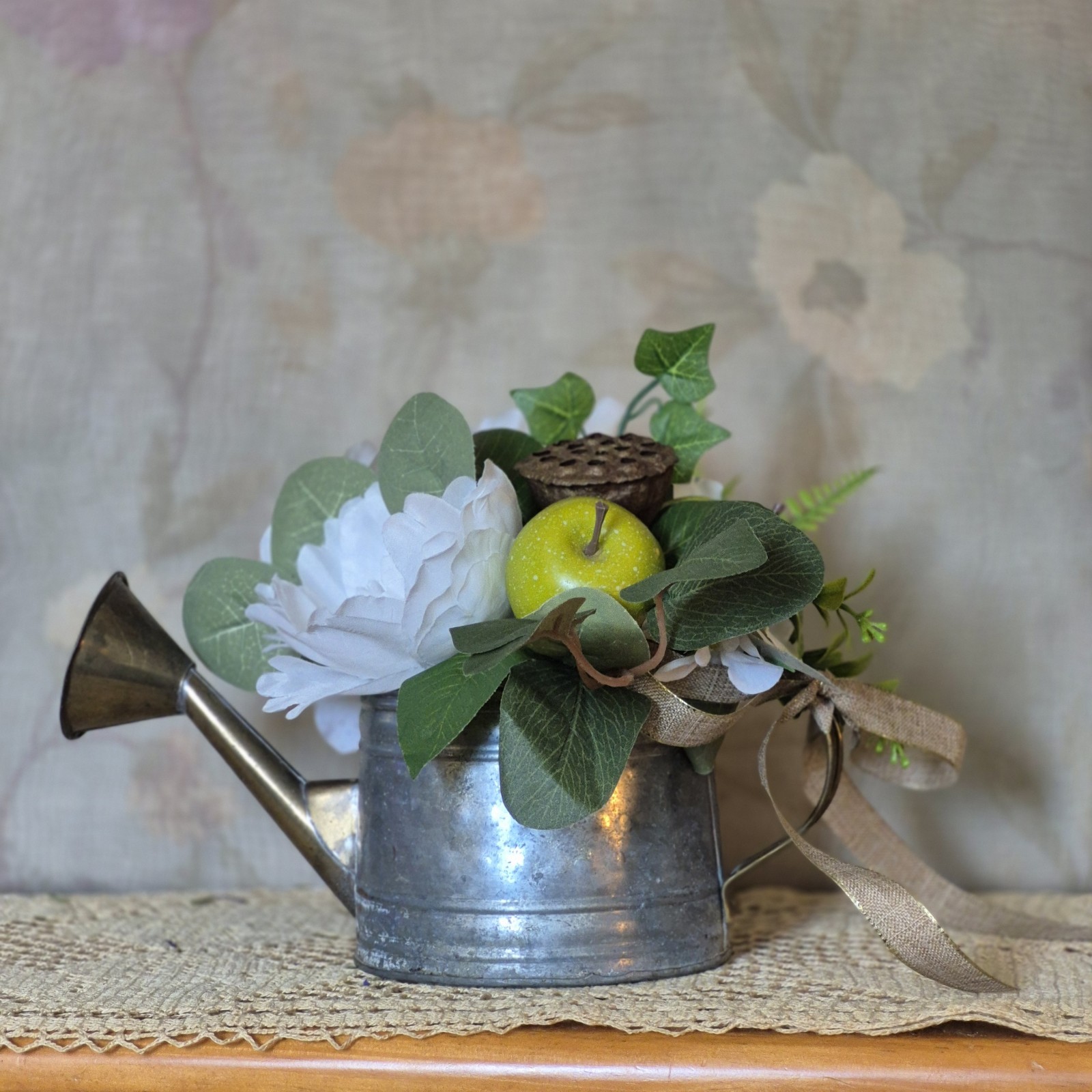 Floral Centerpiece, Vintage Metal Watering Can Cottagecore Faux Flowers