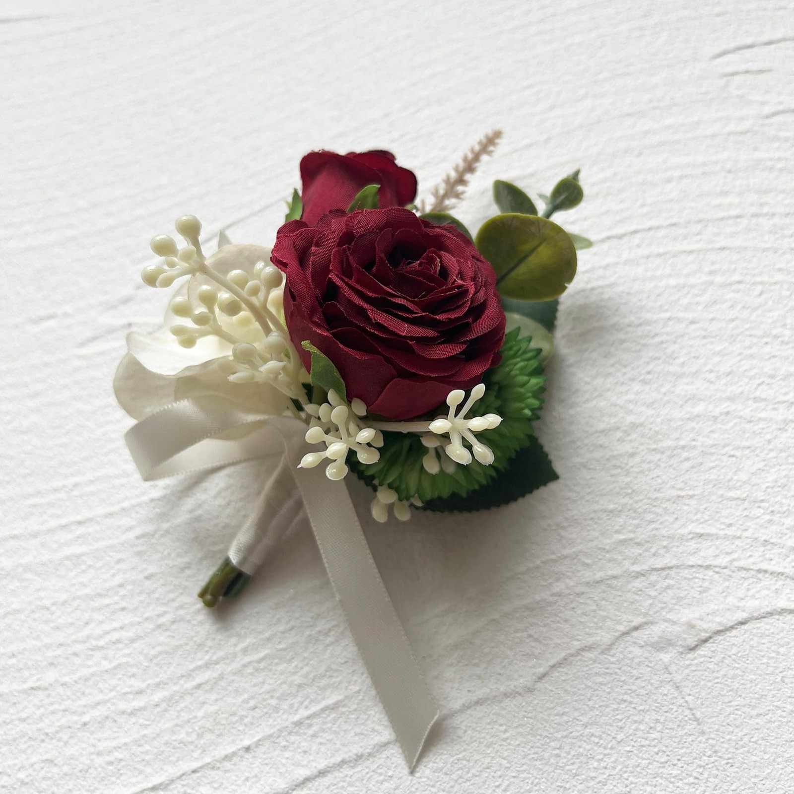 Artificial Wrist Corsage Boutonniere Set, Burgundy, 2 Pieces