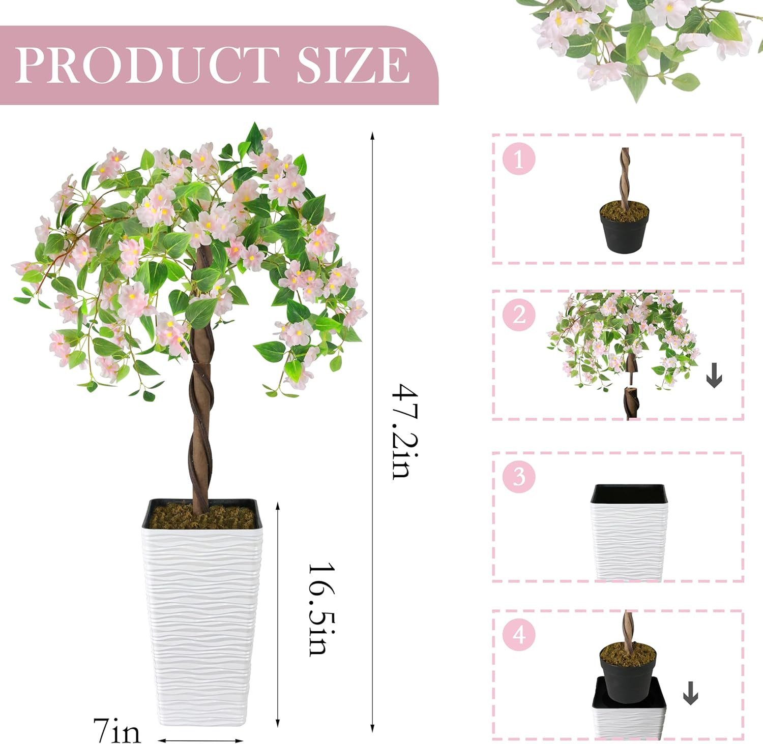 4FT Artificial Cherry Blossom Tree in White Planter for Indoor/Outdoor Decor