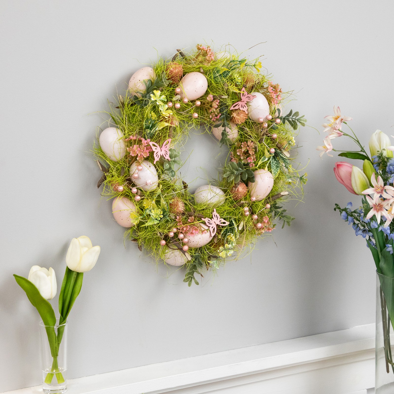 Northlight Easter Eggs with Butterflies Artificial Spring Wreath 13″ Green Pink