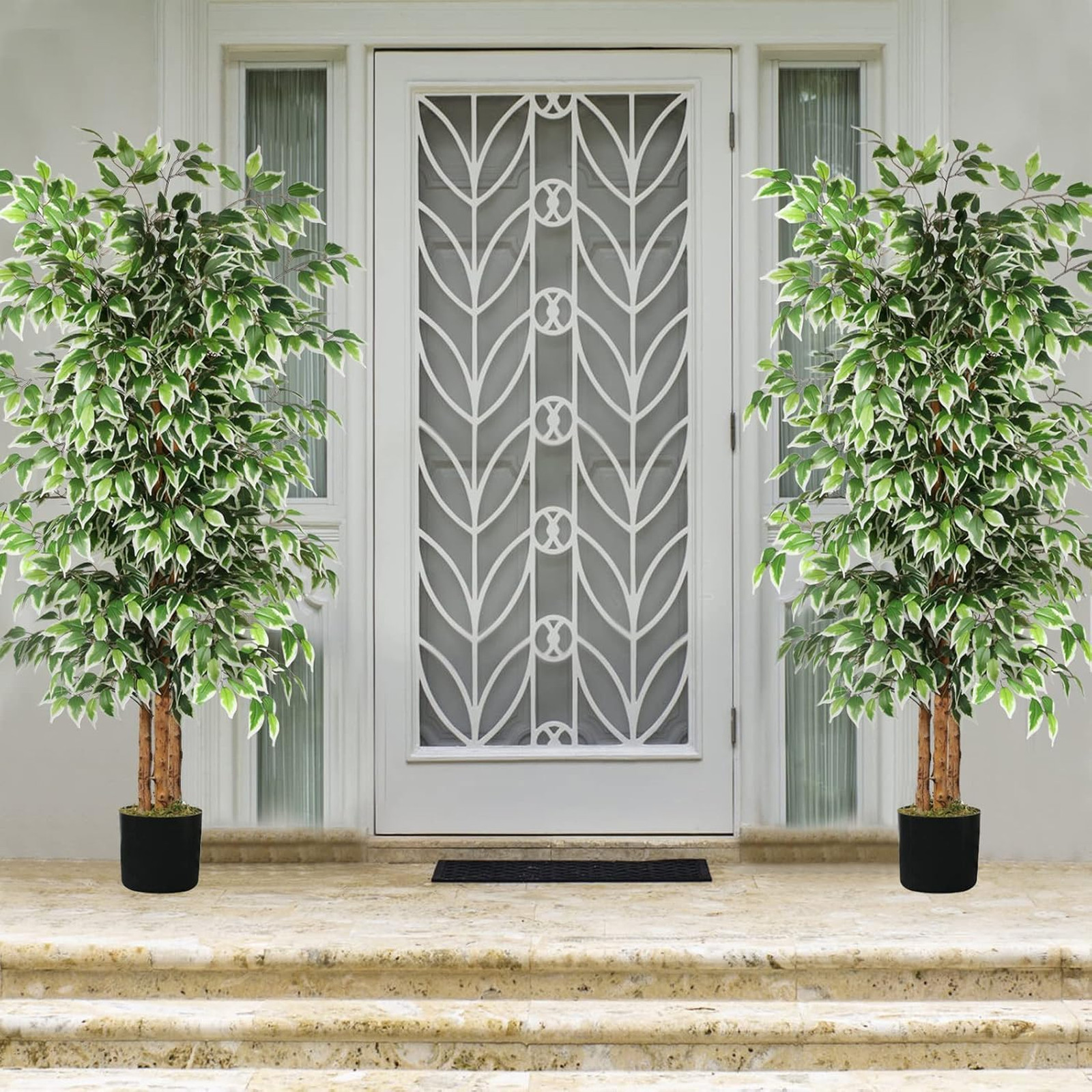 Artificial Ficus Trees 6 Feet Tall Indoor Outdoor Faux Plants with Natural Trunk