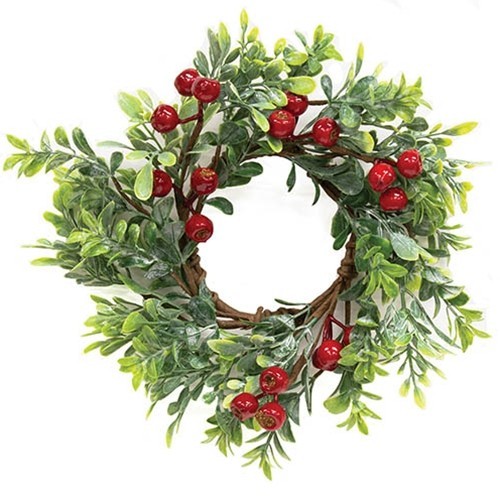 New Farmhouse Primitive Christmas FROSTED BOXWOOD RED GOOSEBERRY CANDLE RING 3″