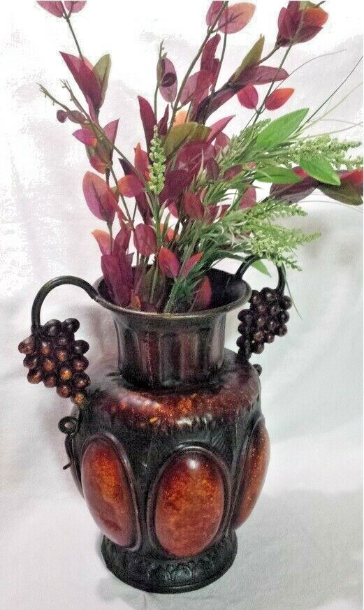 Metal Ornate Vase 13.75″ w/ Artificial Floral Sprigs Heavy Decorative Container