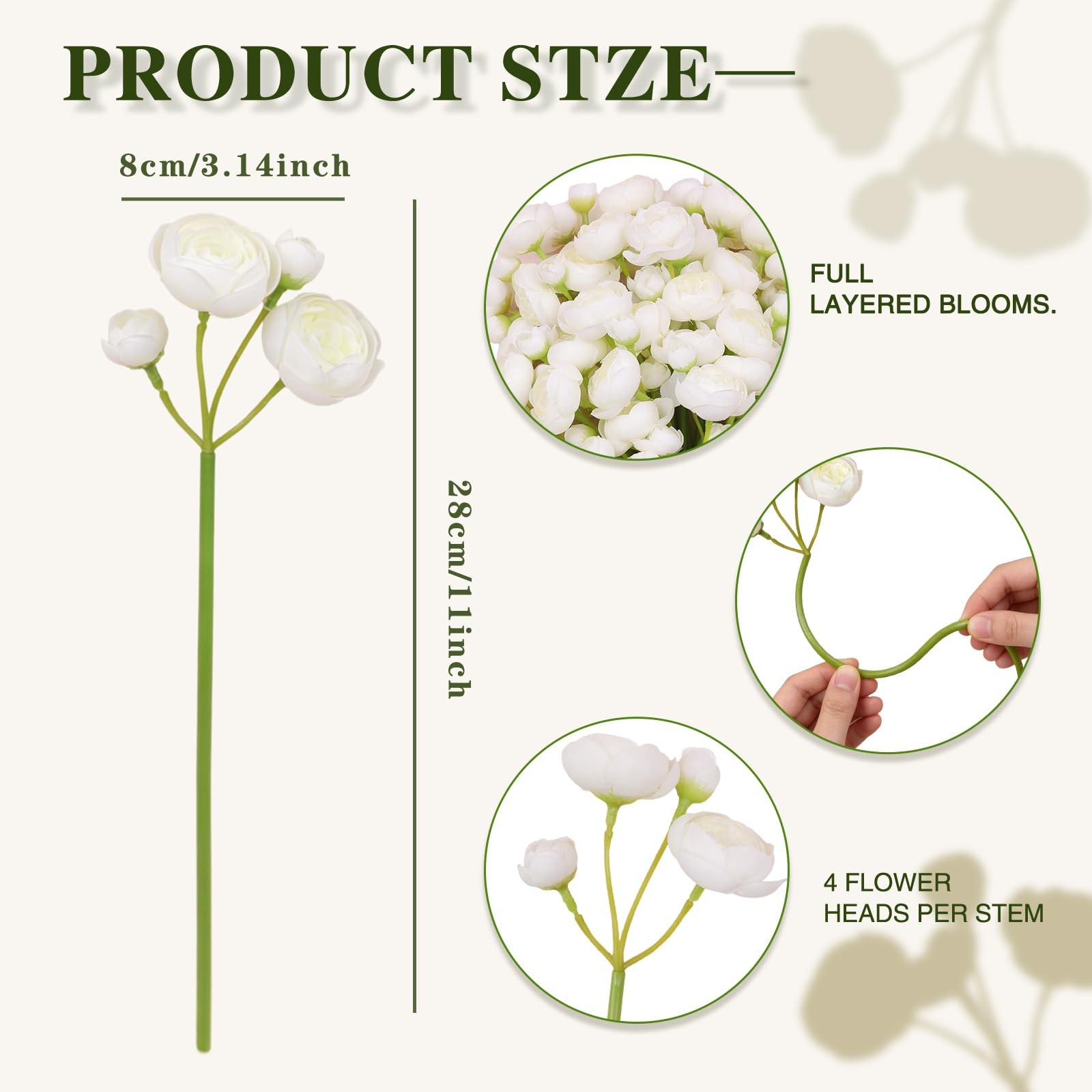 32Pcs Ivory White Real Touch Ranunculus Artificial Flowers