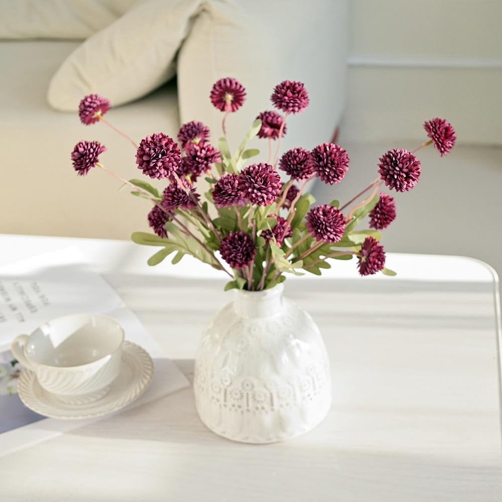5 PCS Burgundy Flowers Artificial Pompon Mum Fake Kiku Silk Chrysanthemum