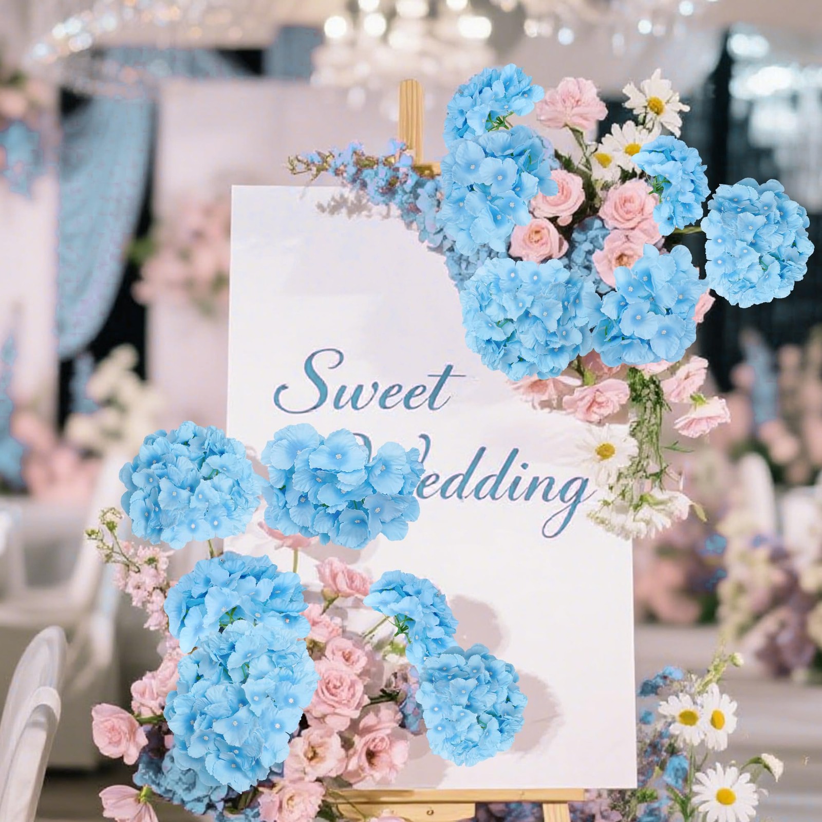 50Pcs Blue Hydrangea Artificial Flowers Faux Fake Silk Fabric Hydrangea Flowe…