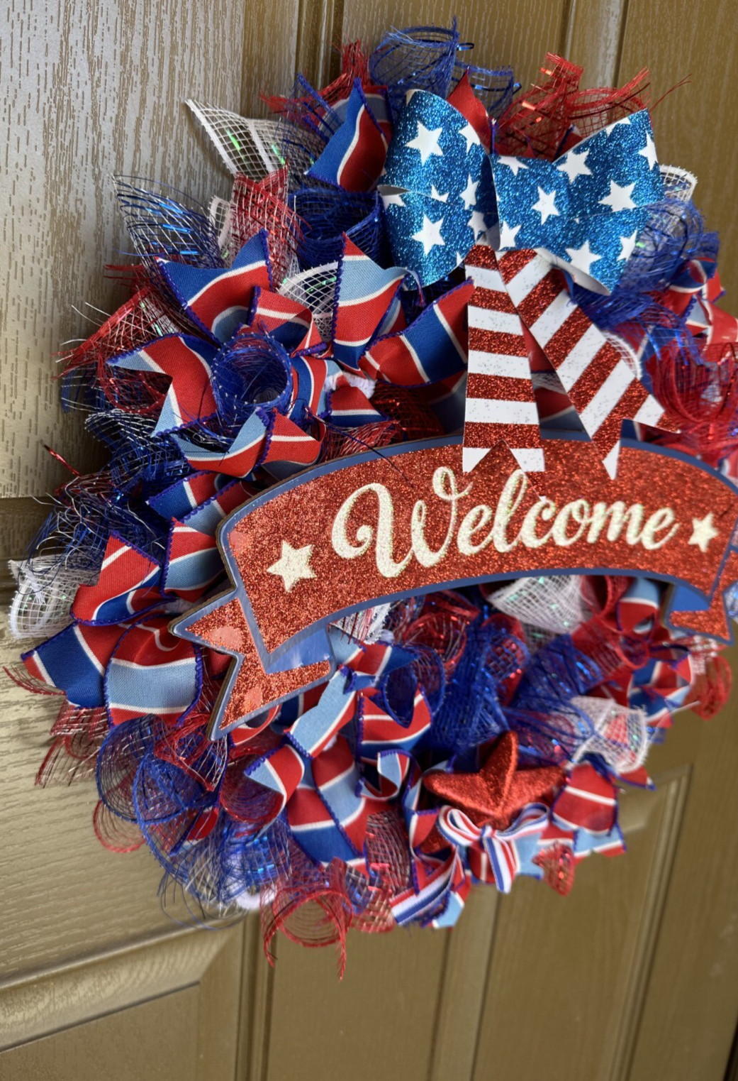 Deco Mesh Summer Patriotic Welcome Wreath 4th of July Medium size 17″