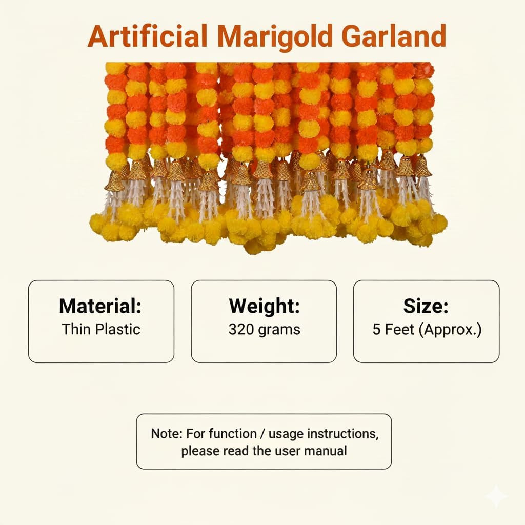 Artificial Marigold Garland 5 Pcs 5ft Strands with Bell Orange Yellow Decor